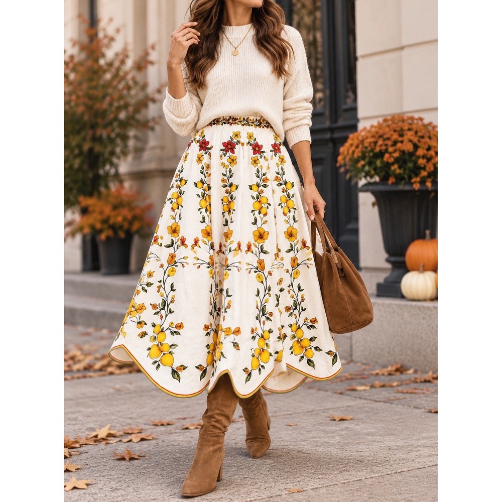 FARM Rio Lemon Bouquet Linen Midi Skirt Size M Off White Floral NWT